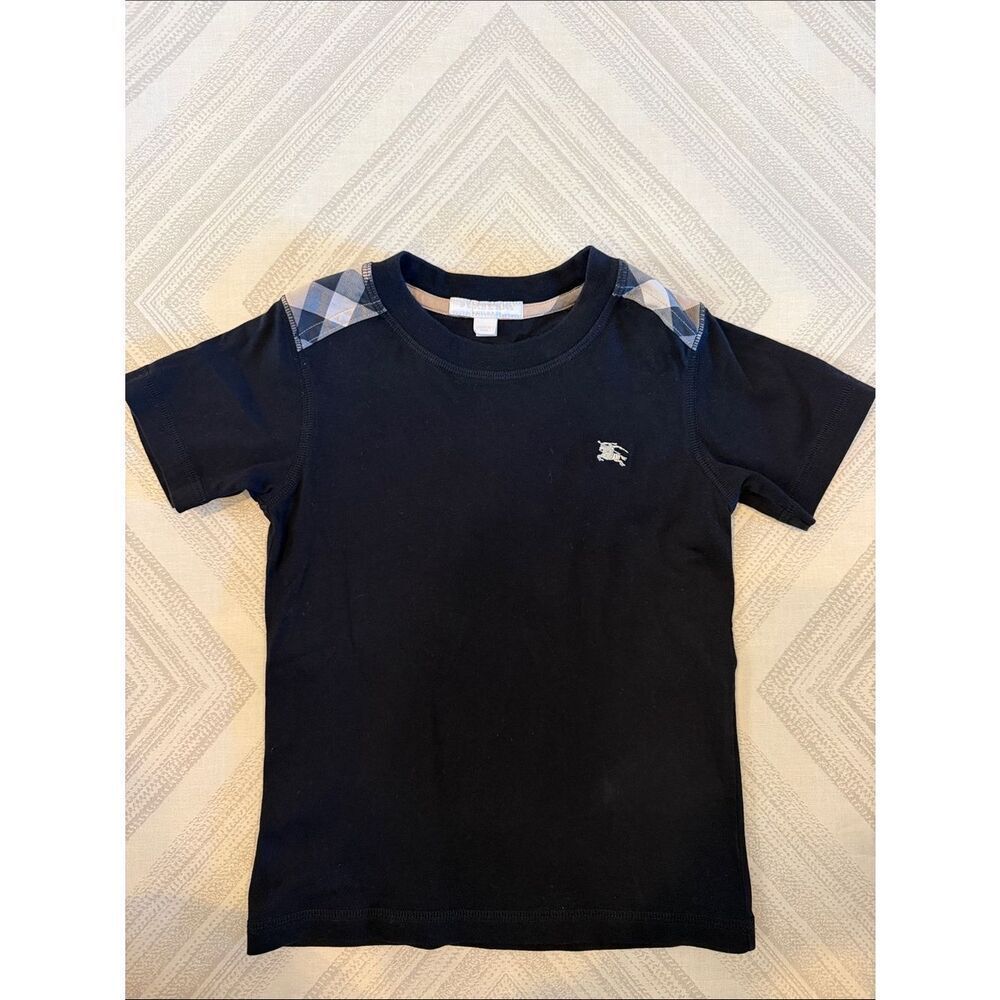 Burberry Kids Black Check Trim Cotton T-Shirt Logo Embroidered Size 5Y